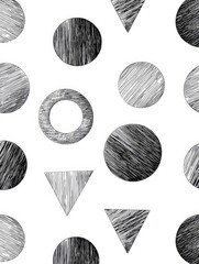 Geometric Shapes Pattern Design - Stylish black and white geometric pattern featuring circles and triangles. Ideal for backgrounds, textiles, and more