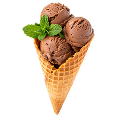Front view of chocolate ice cream waffle cone with mint photorealistic PNG image, three scoops, smooth texture, isolated on white background, no shadows, perfect for cutout and design use.