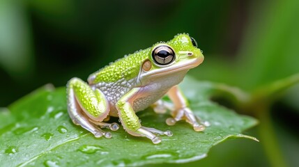 Fototapeta premium Tiny, vibrant green frog perched on a dewy leaf. Close-up view of a small, bright green amphibian, showcasing smooth skin and large eyes. The frog sits atop a lush green leaf with water droplets
