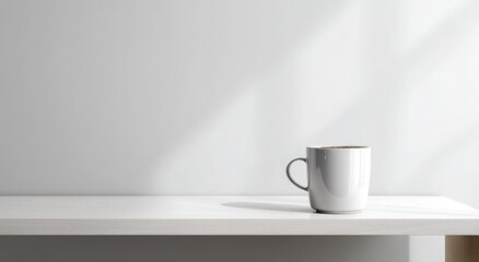 Fototapeta premium Photo of a minimalist white desk with coffee on a clean background with copy space for text or logo.