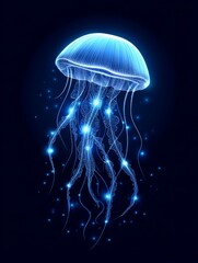 Glowing Jellyfish in the Deep Sea - A luminous jellyfish with glowing tentacles gracefully floats in the dark ocean depths, creating a magical underwater scene