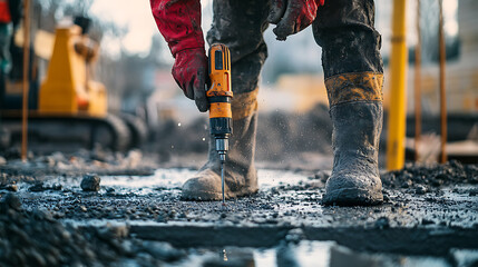 Construction Worker Using a Drill on Wet Ground