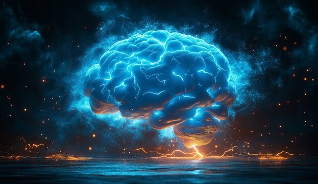 A brain is depicted surrounded by storm clouds and streaks of lightning.