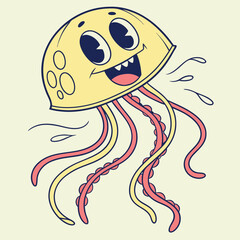 Cartoon Jellyfish With Large Eyes, Happy Smile, and Yellow and Pink Tentacles