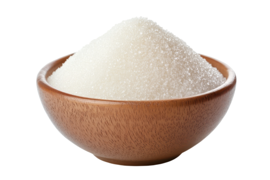 Granulated white sugar in bowl isolated on white background ideal for culinary graphics or recipe cards