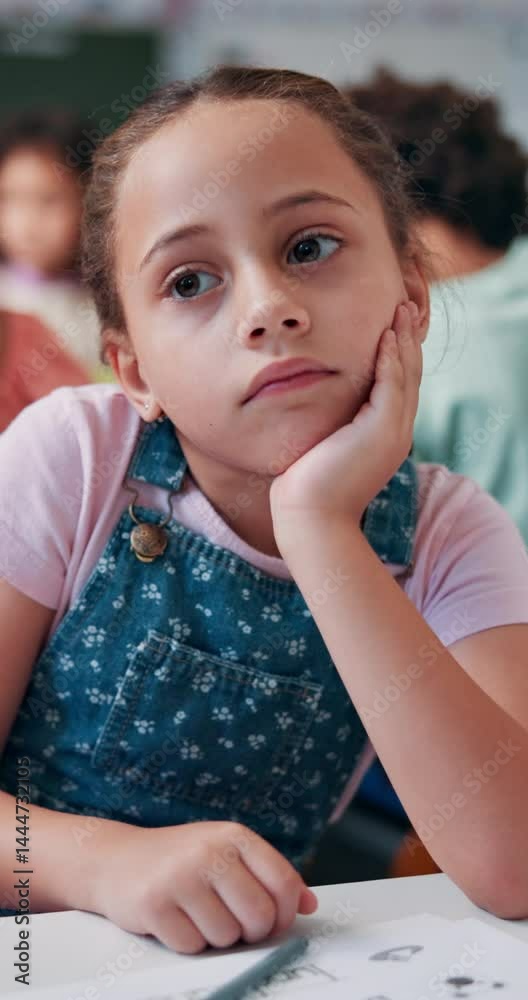 Poster Bored student, thinking and child in classroom for education, problem solving or study with idea. Tired, girl and kid at school with thoughts for learning, knowledge and daydreaming with reflection