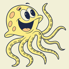 Cheerful Yellow Cartoon Octopus with Big Eyes, Tentacles, and Smiling Face on Beige