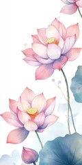 Obraz premium watercolor drawing of lilac lotus on white backdrop. painting flowers background. illustration floral nature. flower wallpaper for greeting cards, weddings or birthdays. Copy space. space for text