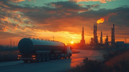 An oil tanker truck is unloading fuel at a refinery terminal as the sun sets, casting a warm glow over the industrial landscape with smokestacks in the background