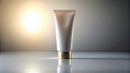 Detailed illustration of minimalist cosmetic tube packaging in a soft natural light setting with subtle shadows and reflections, branding elements, clean design