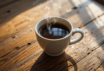A steaming cup of rich, dark coffee sits on a rustic wooden table, surrounded by scattered coffee beans and a small silver spoon, with soft morning light filtering through a nearby window.