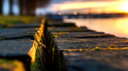 Obraz premium Close-up view of a weathered stone pathway along a tranquil waterfront at sunset