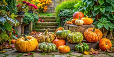 A cluster of pumpkins and squash sits on a vintage stone patio