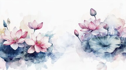 watercolor drawing of pink lotus on white backdrop. painting flowers background. illustration floral nature.  flower wallpaper for greeting cards, weddings or birthdays. Copy space. space for text
