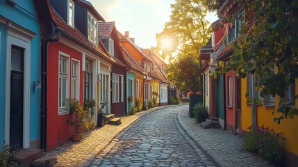 Charming Cobbled Road in Quaint Small Town Surrounded by Lush Greenery and Historic Architecture