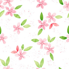 Apple blossom. Watercolor drawing of pink flowers and green leaves on a white background with red splashes, seamless pattern.