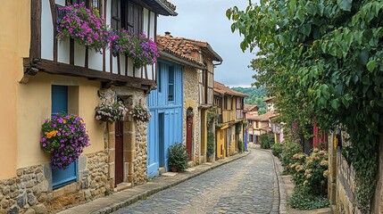 Charming Cobblestone Street with Stone Paved Pathway Surrounded by Quaint Buildings and Lush Greenery