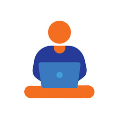 Minimalist Icon of Person Using Laptop With Orange Head and Blue Shirt Design