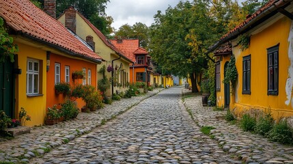 Charming Cobbled Road Surrounded by Quaint Houses and Lush Greenery Under a Clear Blue Sky
