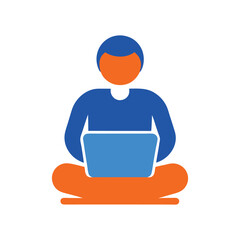 Minimalist Design Person with Laptop Sitting CrossLegged Blue and Orange Icon