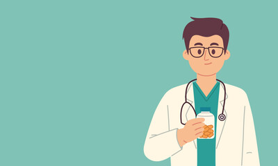 Fototapeta premium Friendly male doctor in white coat and glasses holds bottle of pills. Flat cartoon style vector illustration isolated on copy space color background