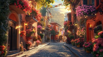 Charming Cobblestone Street Adorned with Colorful Flowers and Historic Building Evoking Tranquility