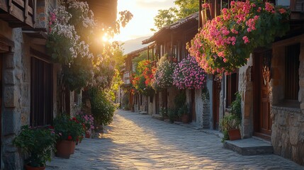 Charming Cobbled Street Adorned with Vibrant Flowers Creating a Picturesque and Serene Atmosphere