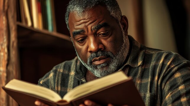 Thoughtful mature man absorbed in book indoors, intellectual pursuit