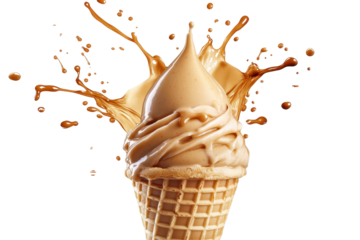 Caramel ice cream in waffle cone PNG with splash effect perfect for dessert ads and summer designs