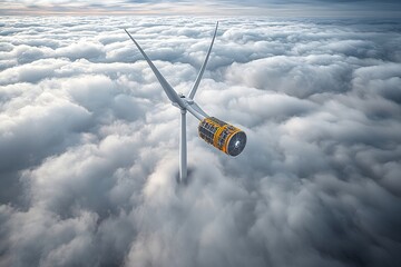 Futuristic wind farm floating above the clouds turbines harnessing energy from high altitude winds generating clean energy in the sky