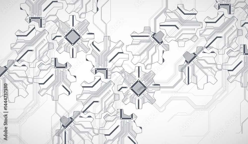Aufkleber Stylized view of gears integrated with microcircuits. Concept of combining mechanics and electronics.