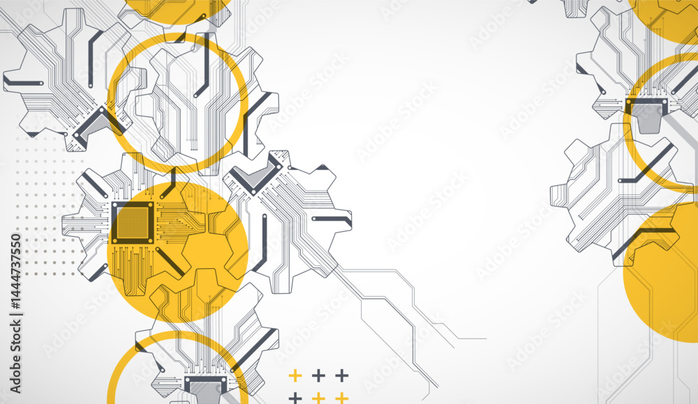 Aufkleber Stylized view of gears integrated with microcircuits. Concept of combining mechanics and electronics.