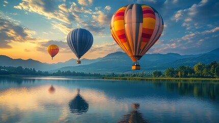 Fototapeta premium Tranquil Lake Scene with Colorful Hot Air Balloons Floating Above Reflective Water and Lush Surroundings
