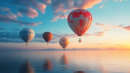 Obraz premium Colorful Hot Air Balloons Soaring Above Tranquil Ocean Waters Creating a Dreamy Scenic Adventure