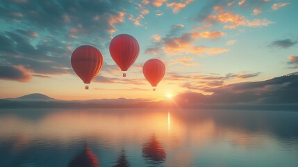 Fototapeta premium Two Colorful Hot Air Balloons Gracefully Floating Among Soft White Clouds in a Bright Blue Sky Above