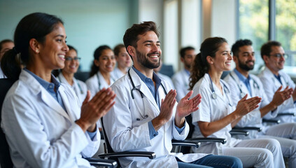 Indian doctors and medical students attending seminar in hospital conference room clapping and smiling during business meeting presentation or training event
