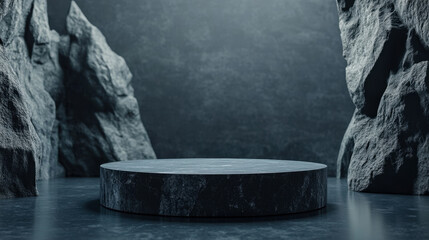 Round black stone podium in cave setting, surrounded by rugged rock walls, dramatic lighting creates mysterious and powerful atmosphere, perfect for product display