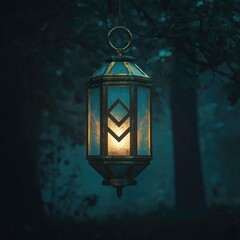 Lantern illuminates forest at dusk, creating a serene and enchanting atmosphere