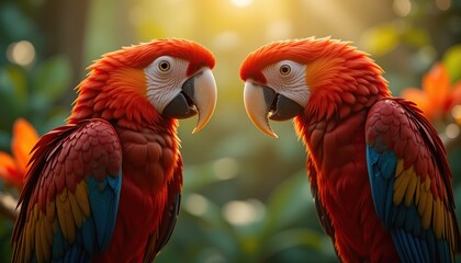 Fototapeta premium Red Ara perched on a branch, against the golden jungle backdrop, the sunlight creates a halo effect around their crimson feathers. Concept of the surrounding world, the nature of the Amazon and South 