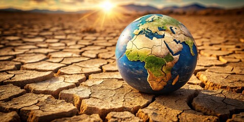 Dry cracked earth globe with cracked surface on dry ground , natural disasters