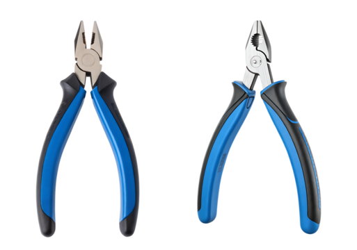 Close-up of blue and black combination pliers tool on transparent background