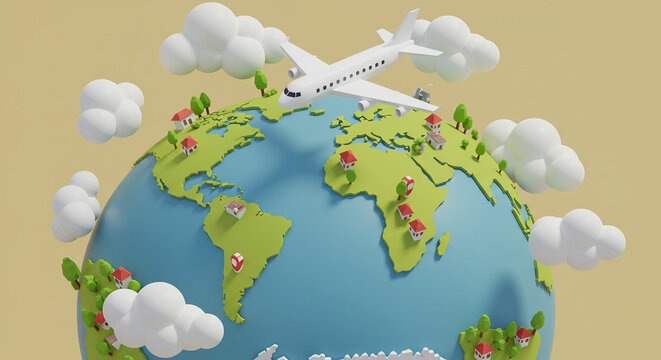 A low-poly 3D art scene showing a simplified geometric airplane flying above a polygonal Earth. 