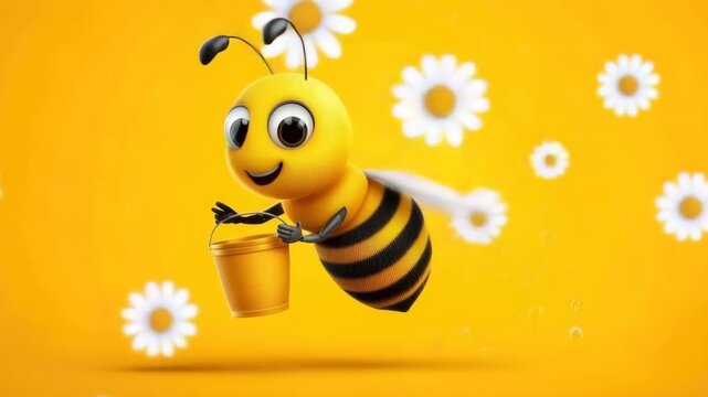 Cartoon bee holding a bucket.