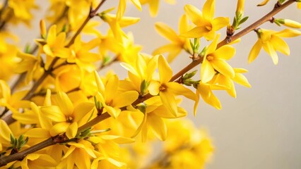 Obraz premium Close-up detail of bright yellow forsythia branches with delicate buds and soft petals in full bloom against a white or cream background, blossoms, nature