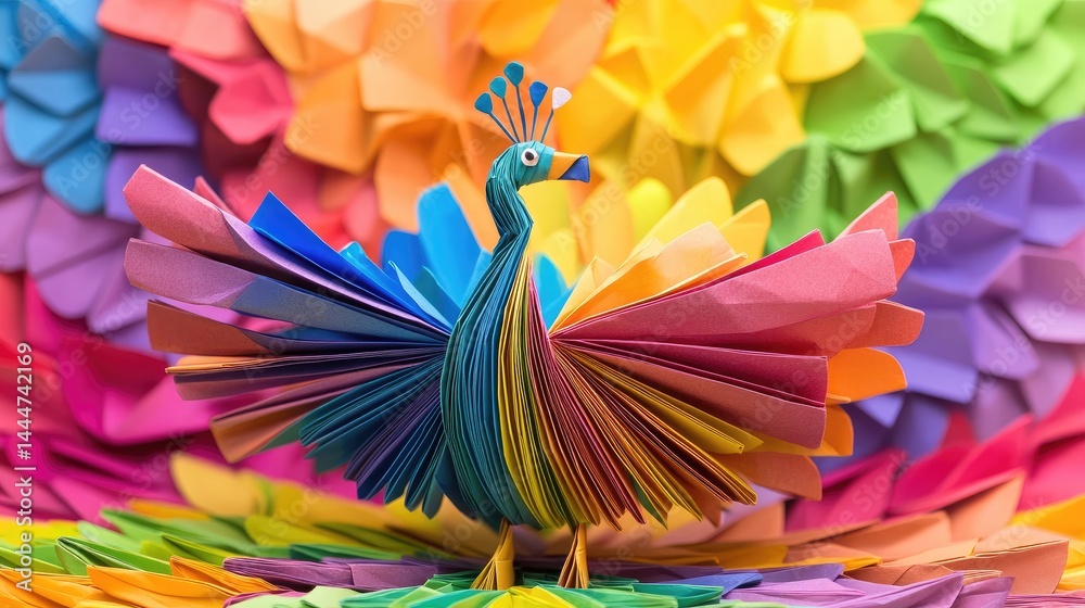 Poster a vivid origami peacock with fanned feathers displayed on a soft pastel background