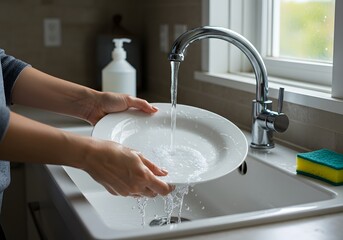 Hands meticulously washing a white plate under the flowing faucet in the kitchen sink
