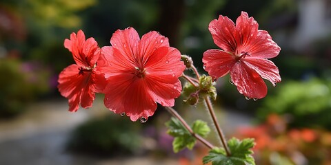 Obraz premium Crimson blooms glisten in a vibrant garden scene