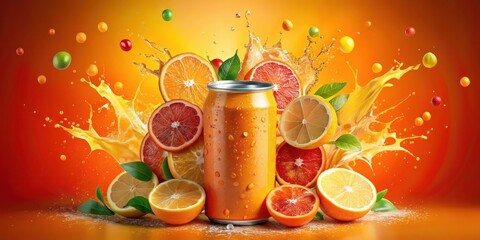 Vibrant orange soda can erupts with a colorful citrus explosion, filling the air with juicy pulp and vibrant hues, fruit burst, citrusy delight
