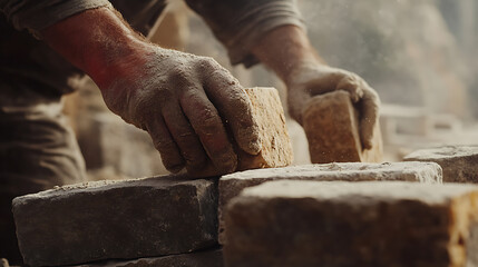 Close-up of Hands Laying Bricks