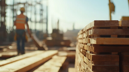 Construction Site with Worker and Stacked Lumber